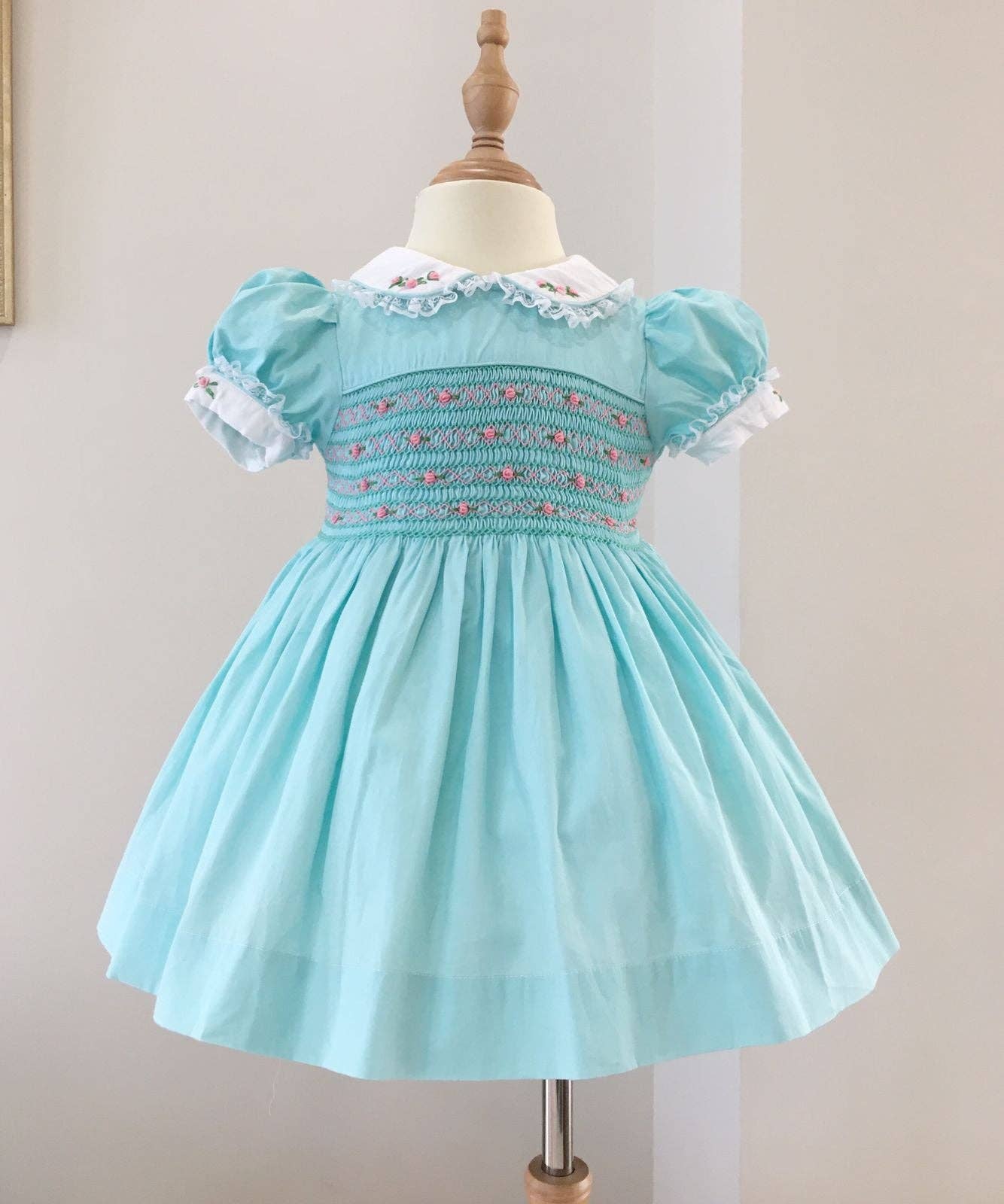 Hand-smocked girl's frock- Aqua