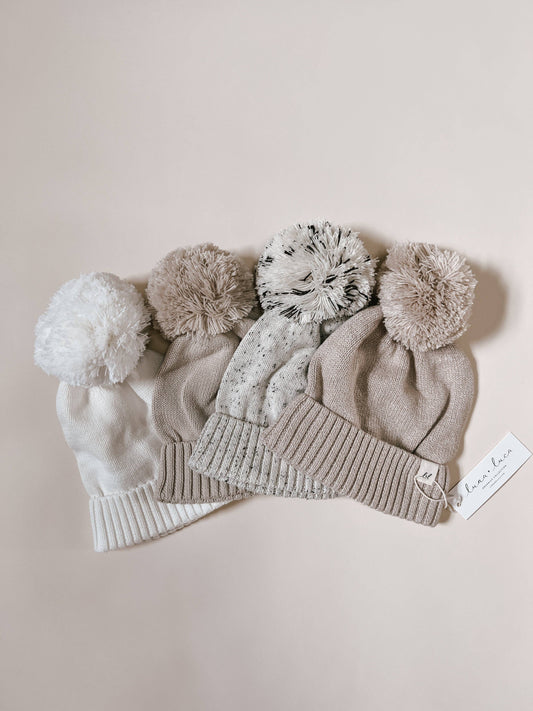 Luna + Luca Pom Beanie - White: 0-3m / White