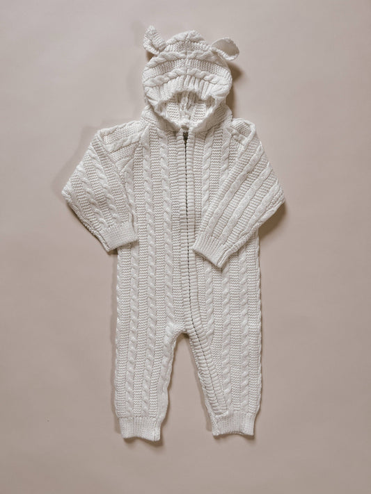 White Baby Bear Cable Knit Jumpsuit