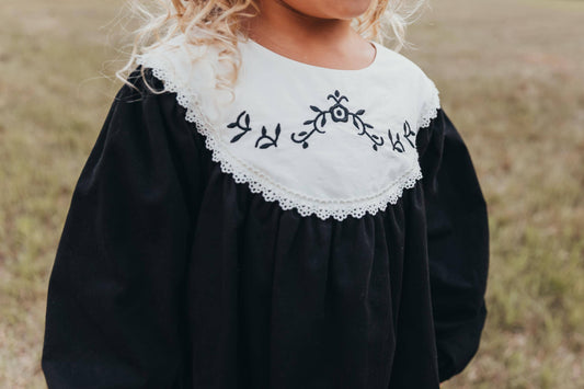Kids Black Embroidered Bib Dress