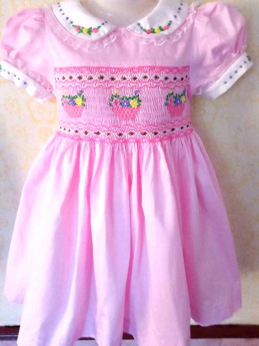 Hand-smocked girl's frock - Barbie Pink