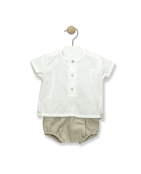 Smooth Baby Set, Beige and White Three Button Shirt