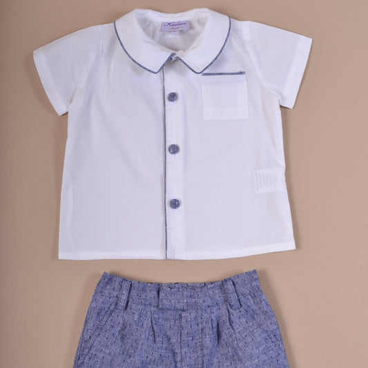 Boy Short Sleeves, Button Down White Shirt with Blue Short Pants Set